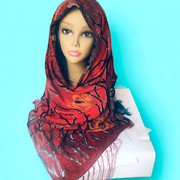 Vintage Large Floral Red Black Silver Burn Out Scarf Shawl Wrap w Fringe - Picture 2 of 5